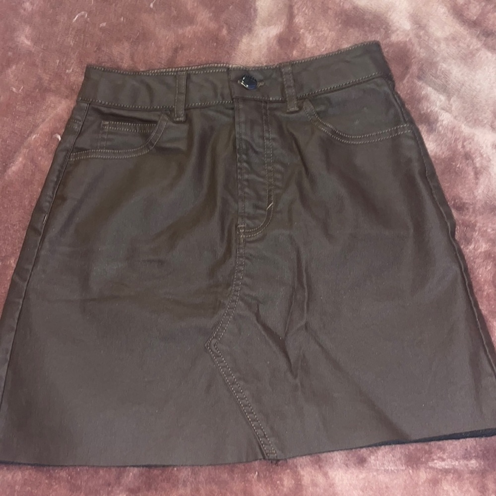 Brown coated denim mini skirt